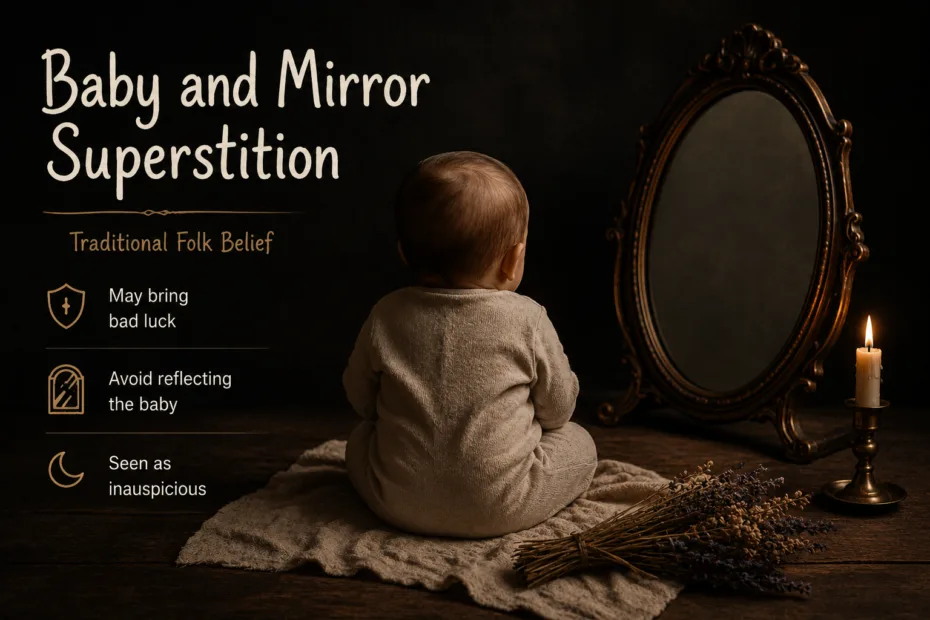 Baby sitting in front of mirror, illustrating superstitions involving baby mirrors and the risk before the first birthday.