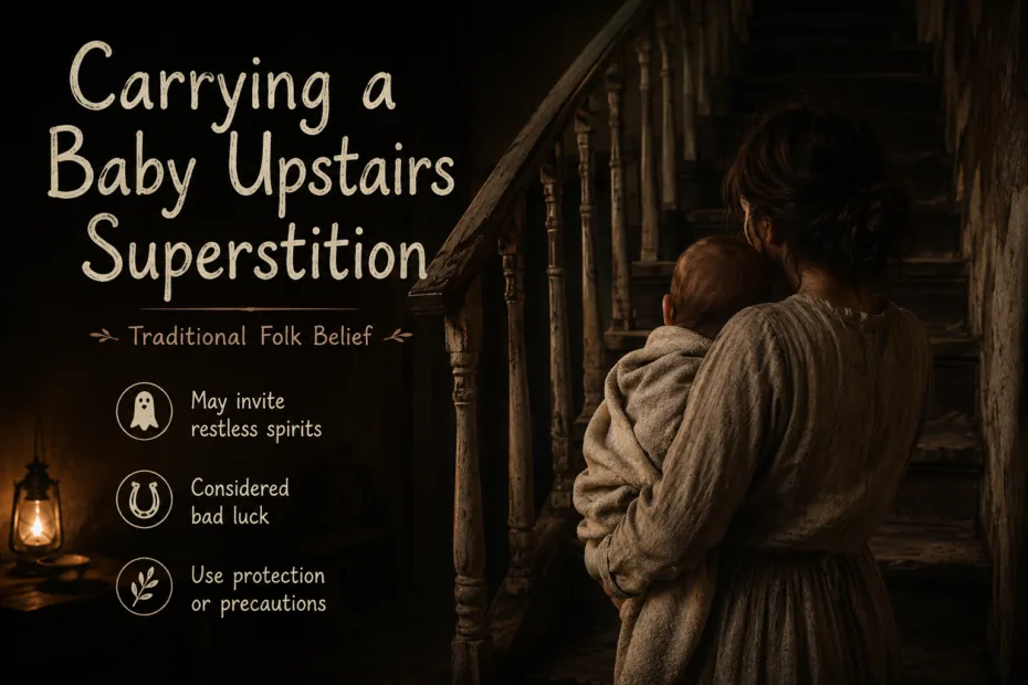 Person carrying a baby upstairs cautiously, illustrating the superstition of carrying a baby upstairs first for good luck.