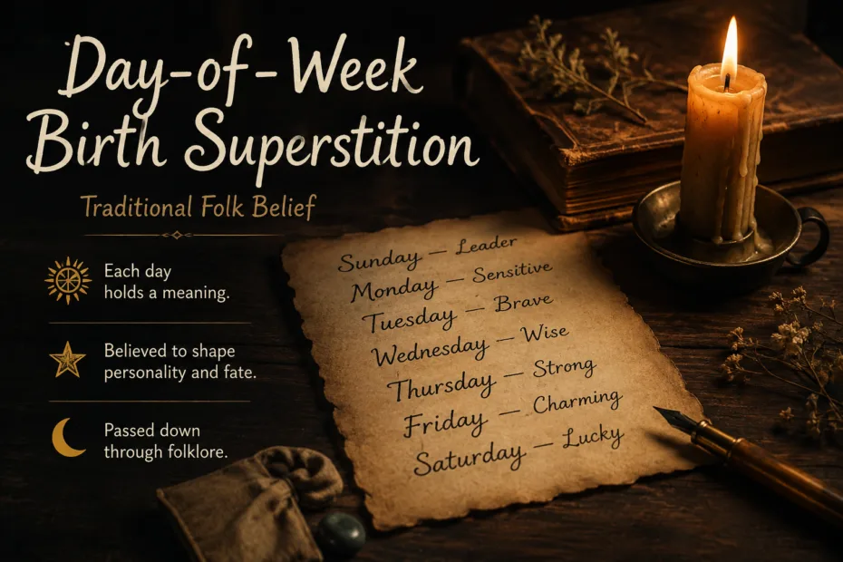 Handwritten rhyme about superstitions linked to day-of-week birth characters on a chalkboard.