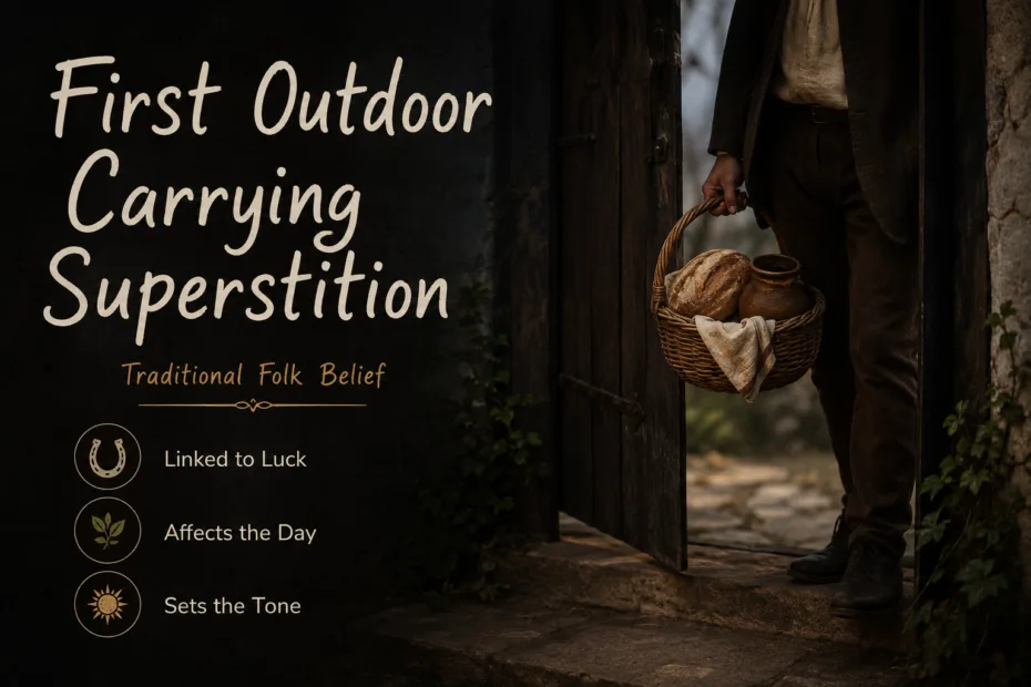 Person carrying a bag outdoors near a fence, illustrating the superstition of the first outdoor carrying affecting a child's disposition.