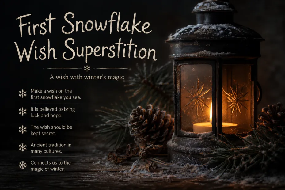 A cozy scene with a lantern, pinecones, and a first snowflake wish superstition concept for winter wishes.