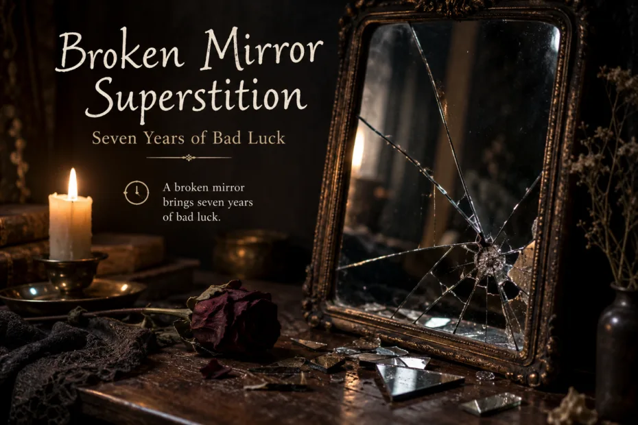 Shattered mirror with pieces broken into sharp fragments, symbolizing the superstition linking broken mirrors to family misfortune or death.