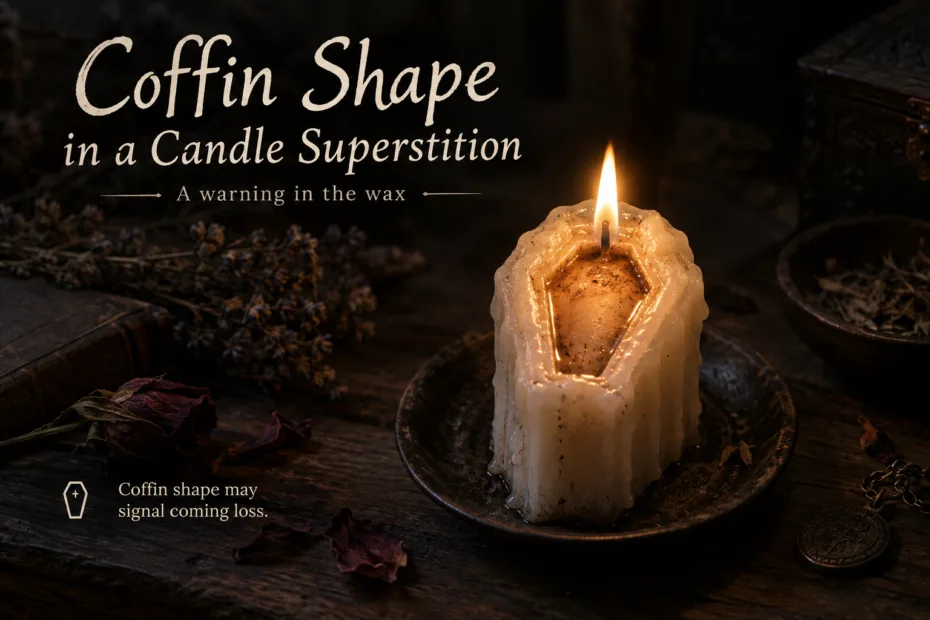 Close-up of a candle shaped like a coffin, linked to superstitions surrounding death and the occult.