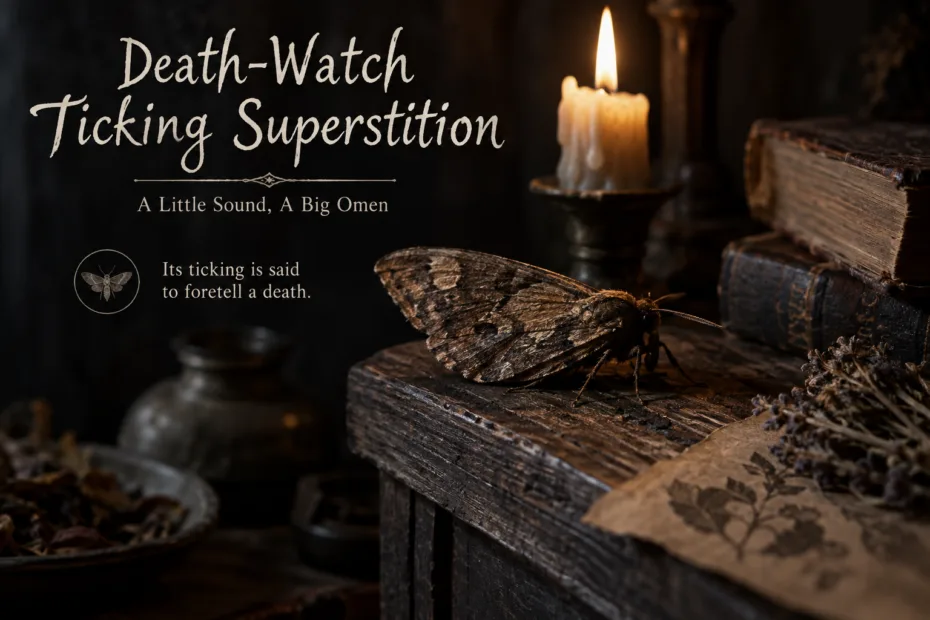 Close-up of a death-watch beetle on a wooden surface with a black background, illustrating the superstitious belief surrounding ticking soun…