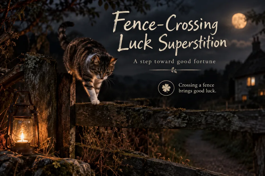 Person crossing a fence for luck as part of the fence-crossing luck superstition.