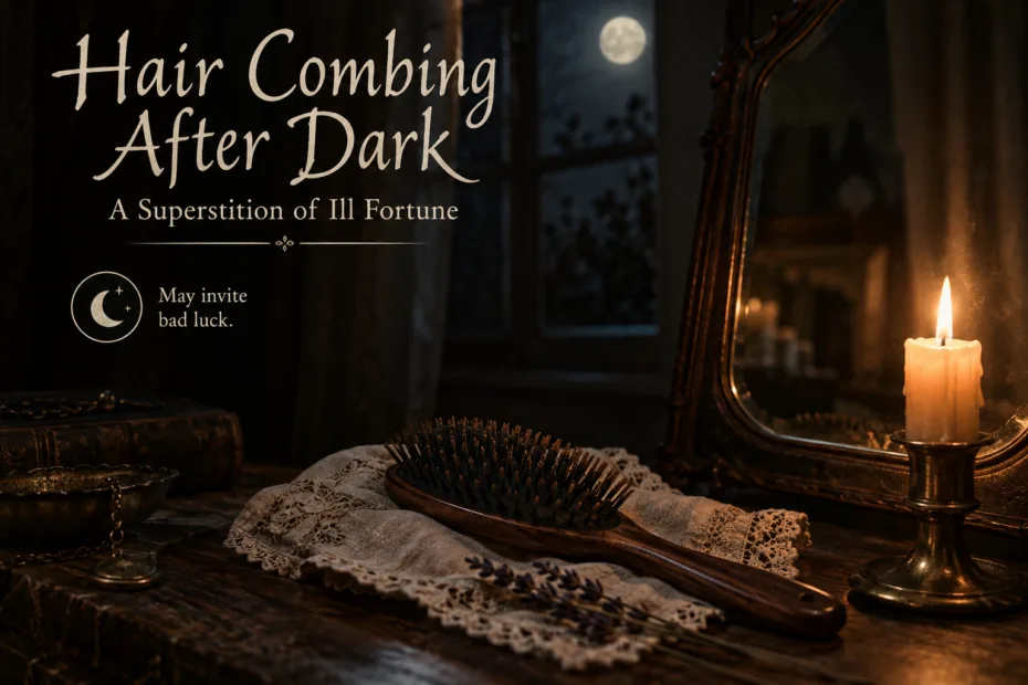A room with a mirror and a sign about the superstition that combing hair after dark leads to sickness.