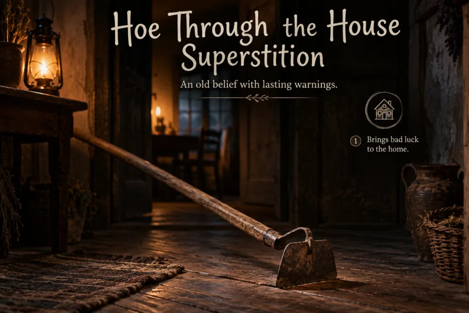 Hoe placed in a dark house symbolizing superstition associated with death and bad luck.