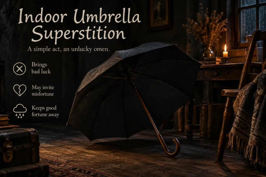 Open umbrella indoors as part of a superstition linked to death omens.