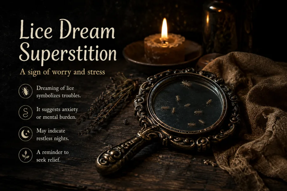 illustration of a dream about lice symbolizing wealth, with a vintage mirror and a lit candle creating a mysterious atmosphere