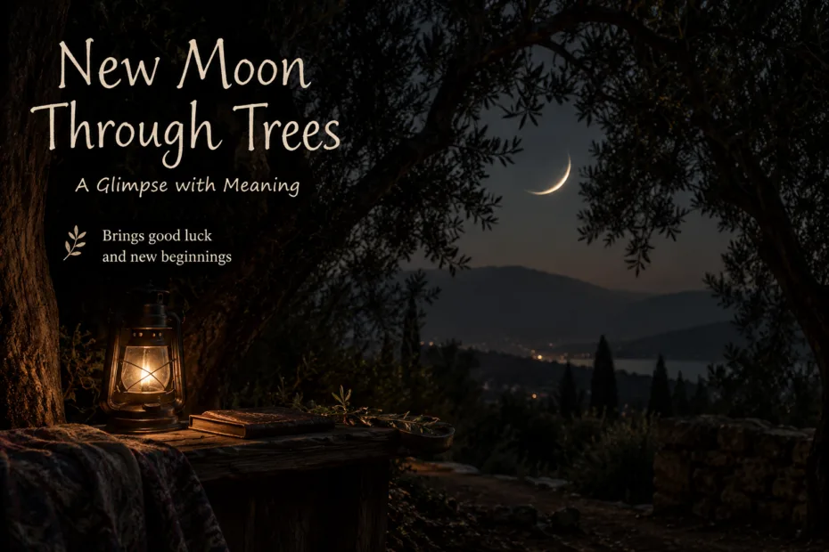 Dark night scene of the new moon through trees, with a superstition linking this sight to trouble or misfortune.