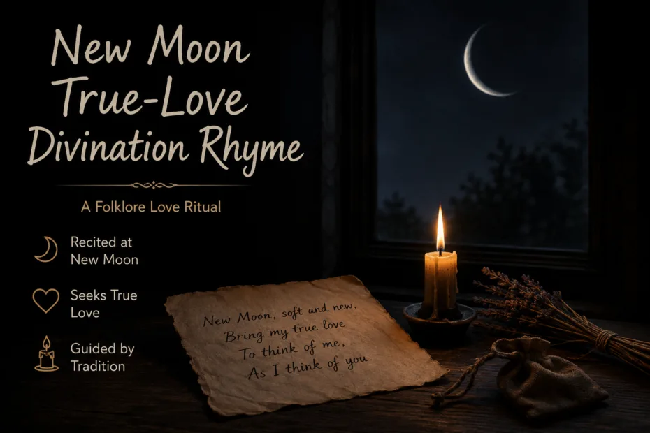Night scene under a new moon with a candle and a handwritten note related to love divination rhyme.