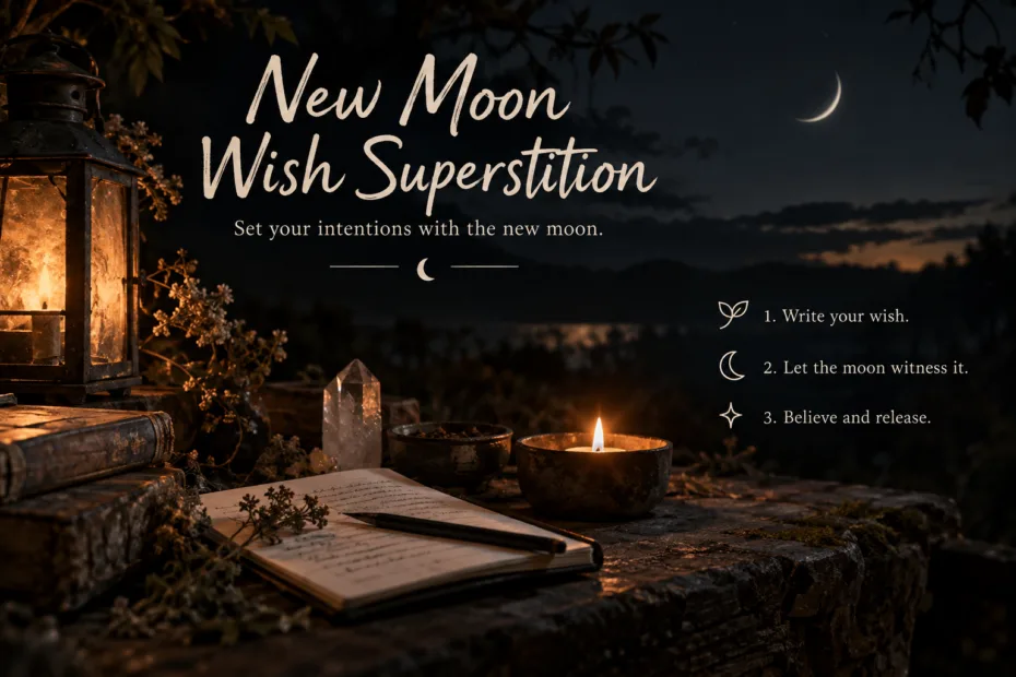 A person making a wish during a new moon night on a terrace with candles and a scenic view.