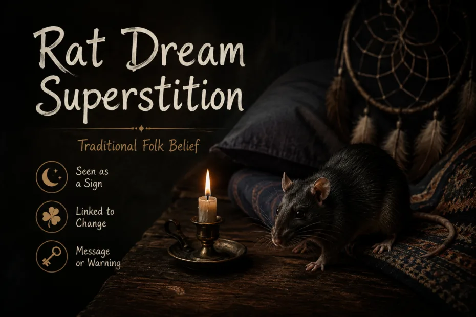 A person dressed in black holding a black rat in front of candles and a dreamcatcher, symbolizing superstitions about rats in dreams.