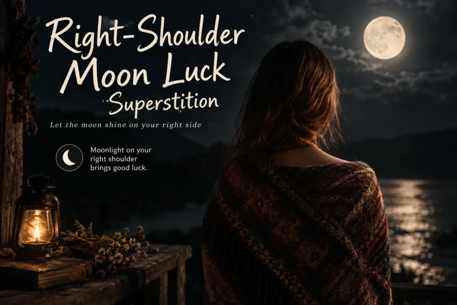 woman looking at a full moon, related to the superstition that carrying good luck on the right shoulder under the moon