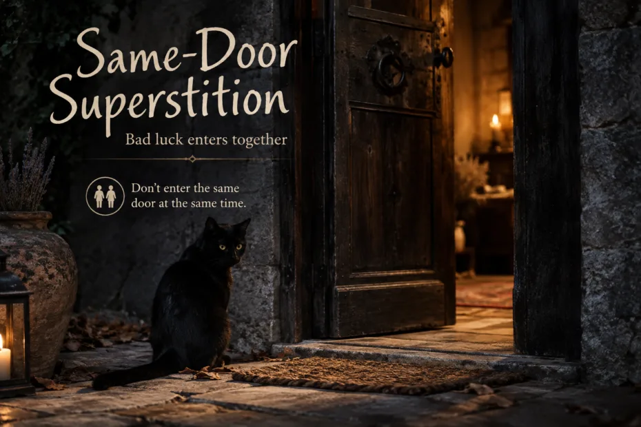 a cat sitting outside a door with a sign about same-door superstition, suggesting leaving through the same door entered
