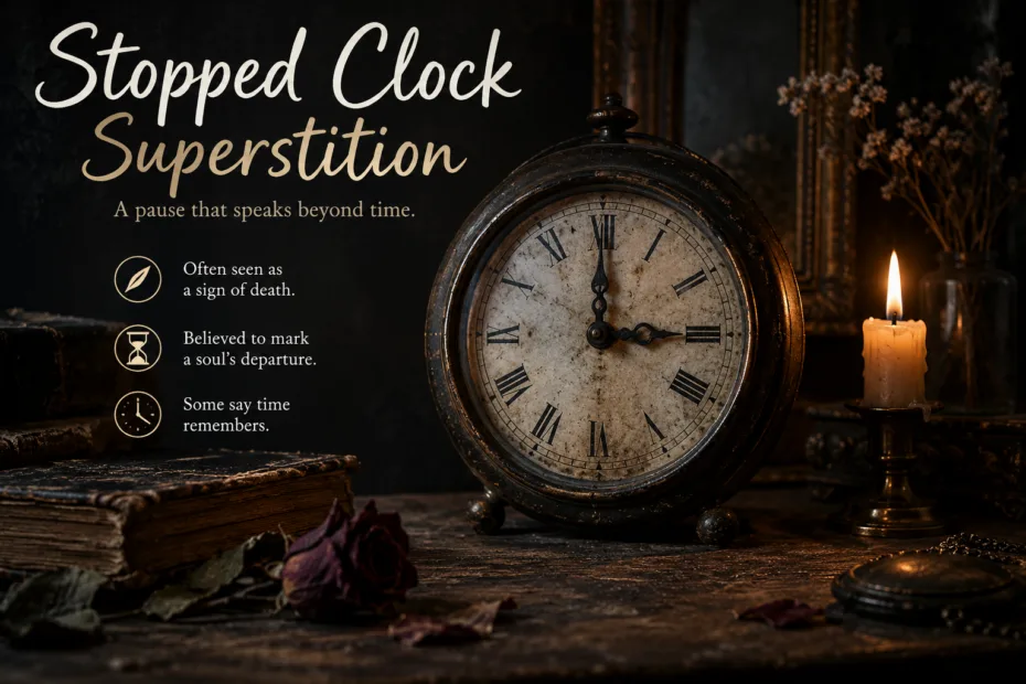 an old stopped clock symbolizing superstition that stopping the clock predicts death in some traditions
