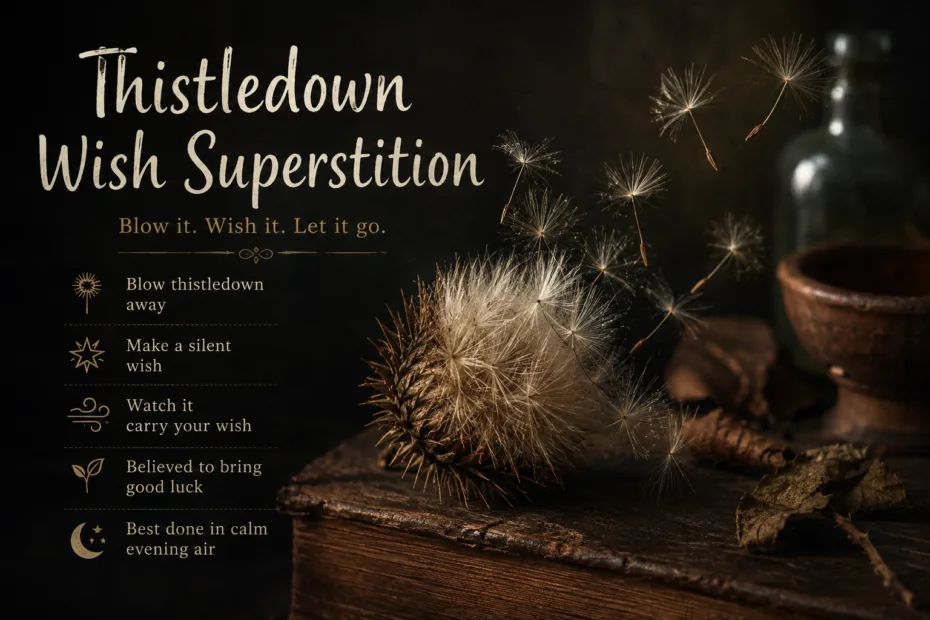 Thistledown wish superstition involves using a thistledown puff to make a wish for an absent friend.