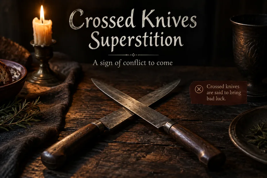 Crossed knives symbolize a quarrel or conflict according to superstition.