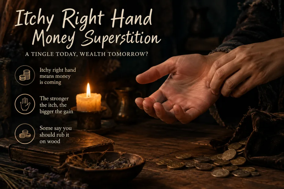A hand with an itchy right palm, symbolizing the superstition about receiving money.