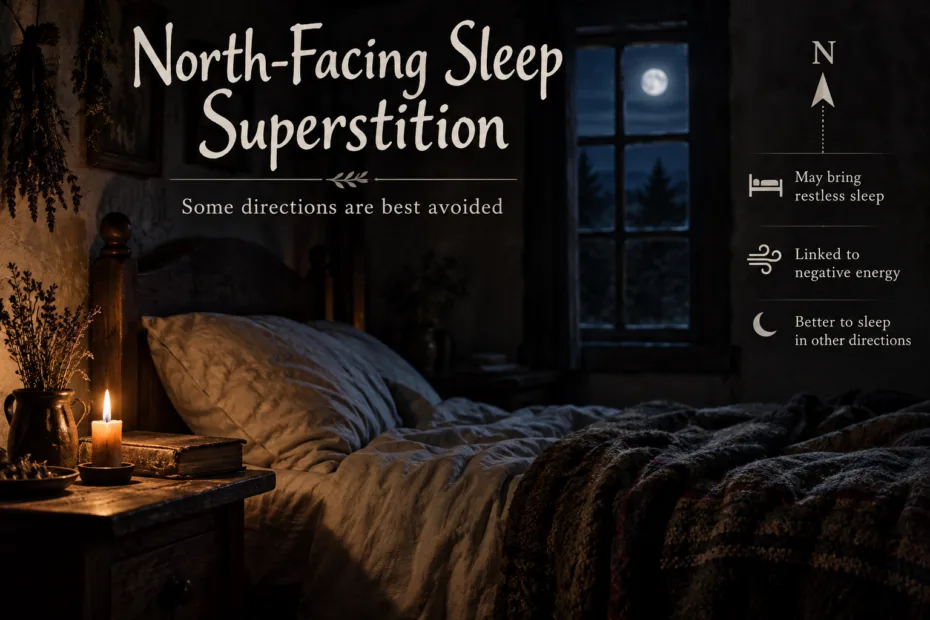 Person lying in bed facing north in a dark room, illustrating the superstition that sleep head north prevents sickness.
