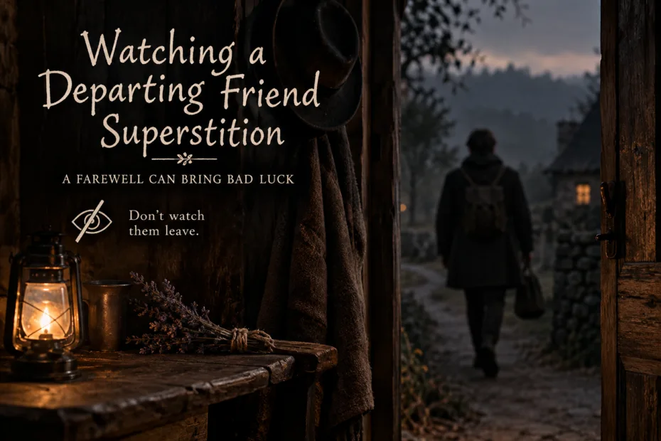 A person watches a friend leave, symbolizing superstitions about never meeting again after departure.